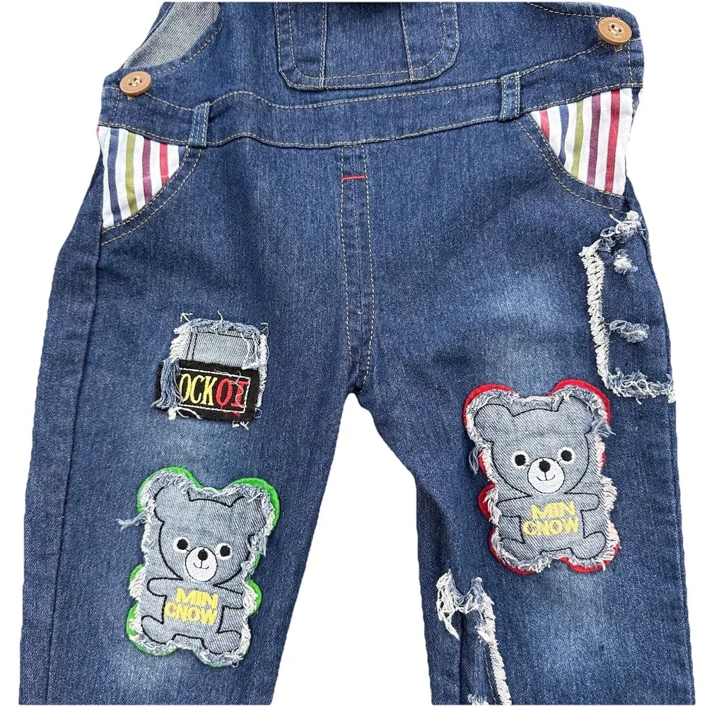 Childs Bib Blue Jean  Overalls Size 2-3Y Embroidered Bear Patches 2 Size Adjusts